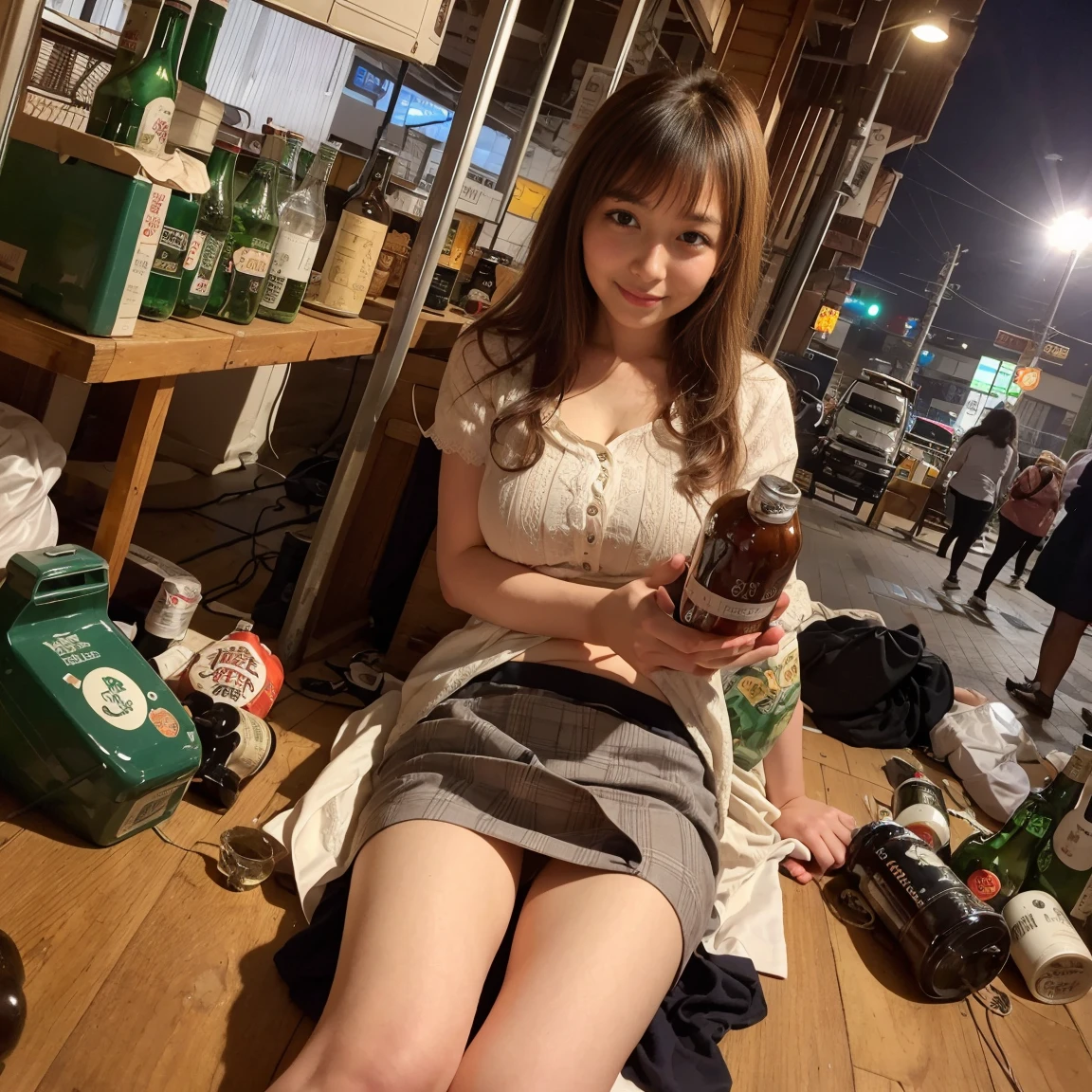 Highest quality、Highest quality、Highest Resolution、masterpiece、detailed、(There are beautiful women:1.2)、(light brown long curly hair)、(Full Body Shot:1.2)、looking at the camera、Shooting from a low angle、(She is drunk from drinking too much alcohol:1.3)、(Sleepy face:1.3)、Red cheeks、smile、Big Boobs、Legs wide open、Patterned blouse and mini skirt、Wearing lace bra and panties、Wearing a garter belt, stockings, a half coat, high heels and a shoulder bag、(A sheet is spread out at the intersection in front of the station.:1.5)、(Drinking beer and eating yakitori:1.5)、(Empty beer cans, empty whiskey bottles, lunch boxes, etc. are scattered around her.:1.5)