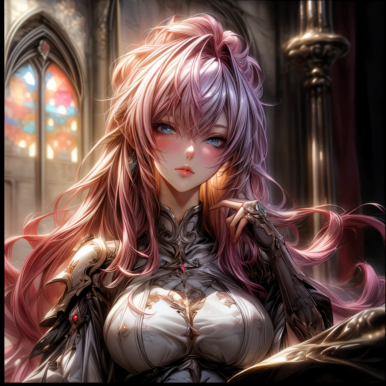 (best quality)), ((Masterpiece)), (details:1.4), 3d, HDR (high dynamic range), an image of a beautiful cyberpunk female, fantasy, Medieval, Pink hair, long hair, Golden eyes, จมูกโด่ง, ปากแดง, หน้าอกใหญ่, nvidia RTX, PBR surface, After processing, Anisotropic filtration,depth of field, Maximum clarity and clarity, multi-layered surface, Subsurface scattering, perfect proportions, 8K raw files, ultra detailed, Perfect proportions, volumetric lighting, soft lighting, Holy Paladin, Heavy Black Armor, glossy skin, intricate silver embroidery, gorgeous, chapel background, jewely, ต่างหู, นิ้วมือสมบูรณ์,