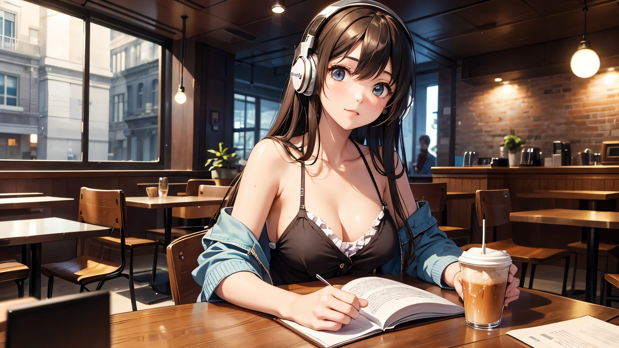 Girl with headphones enjoying music in a cafe I am studying Emphasize a little bit of the chest