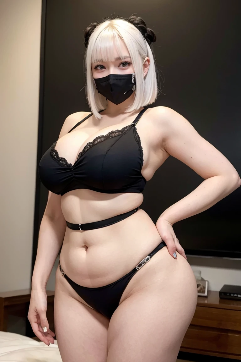 White Haired Girl,With bangs, Black gloves, Crop top, skirt, Goth, Green Eyes,4K, masterpiece, Perfect body, Dry,Perfect Eyes, Perfect Shading, Perfect lighting, Highest quality, Artwork, Super detailed, Detailed clothing、Plus Size、Plump、Chubby、(Black enamel face mask)、Large Breasts、Big Ass、Thick legs、Angle from below、(sexly)、Gorgeous Bedroom