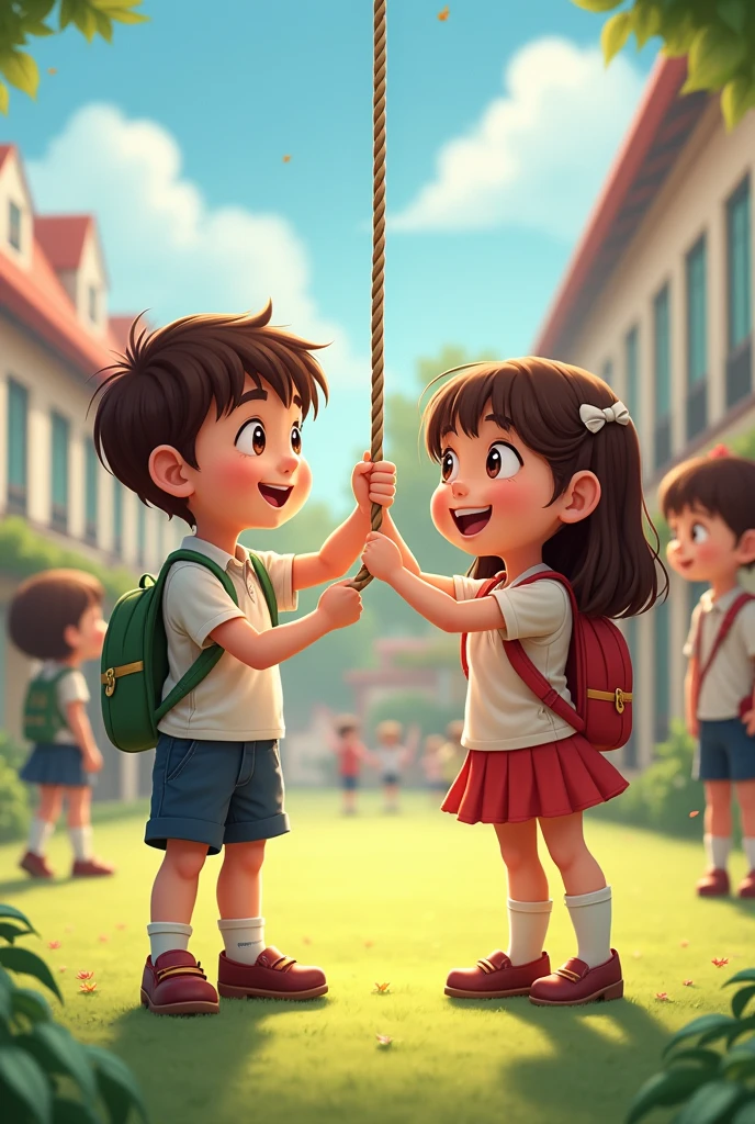 Make a boy at school lifting a rope for a girl to pass under 