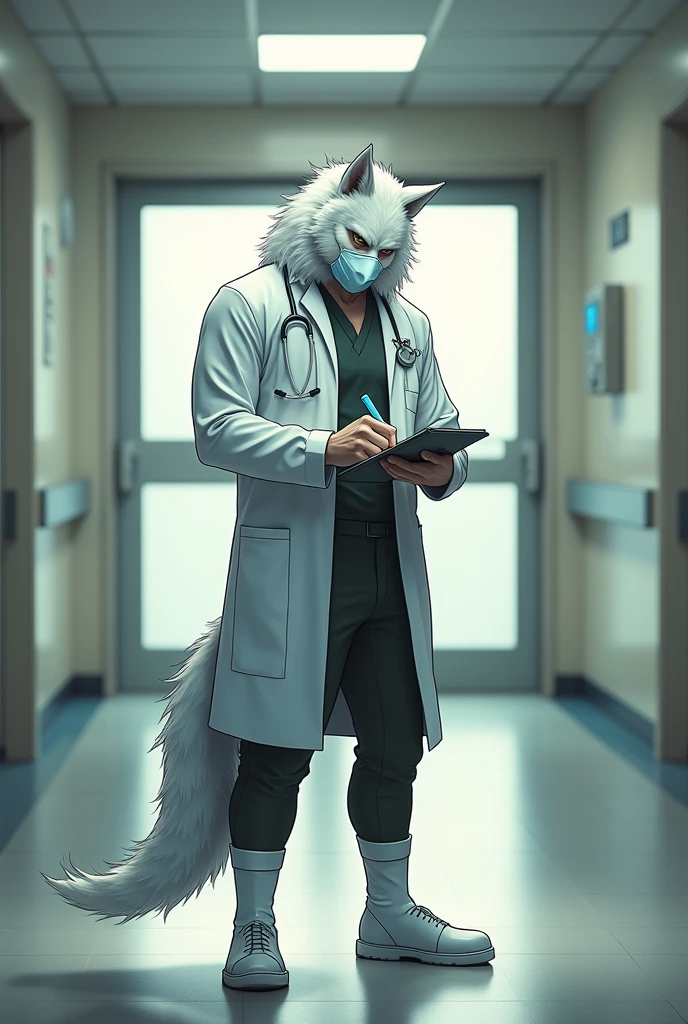Single, White, muscle, Standing in front of a glass door, Bow your head, take notes, Serious expression, Frowning Doctor's Attire,, White Mask, Note, Blue pen, White boots, Black pattern, Wolf's tail, Wolf Ears, indoor: 1.35, incandescent indoor lighting, Hospital corridor, shadow particles, Soft lighting, White glow, White coat, Anatomically correct, Minimalist Background, comics, Warm colors, Soft lines