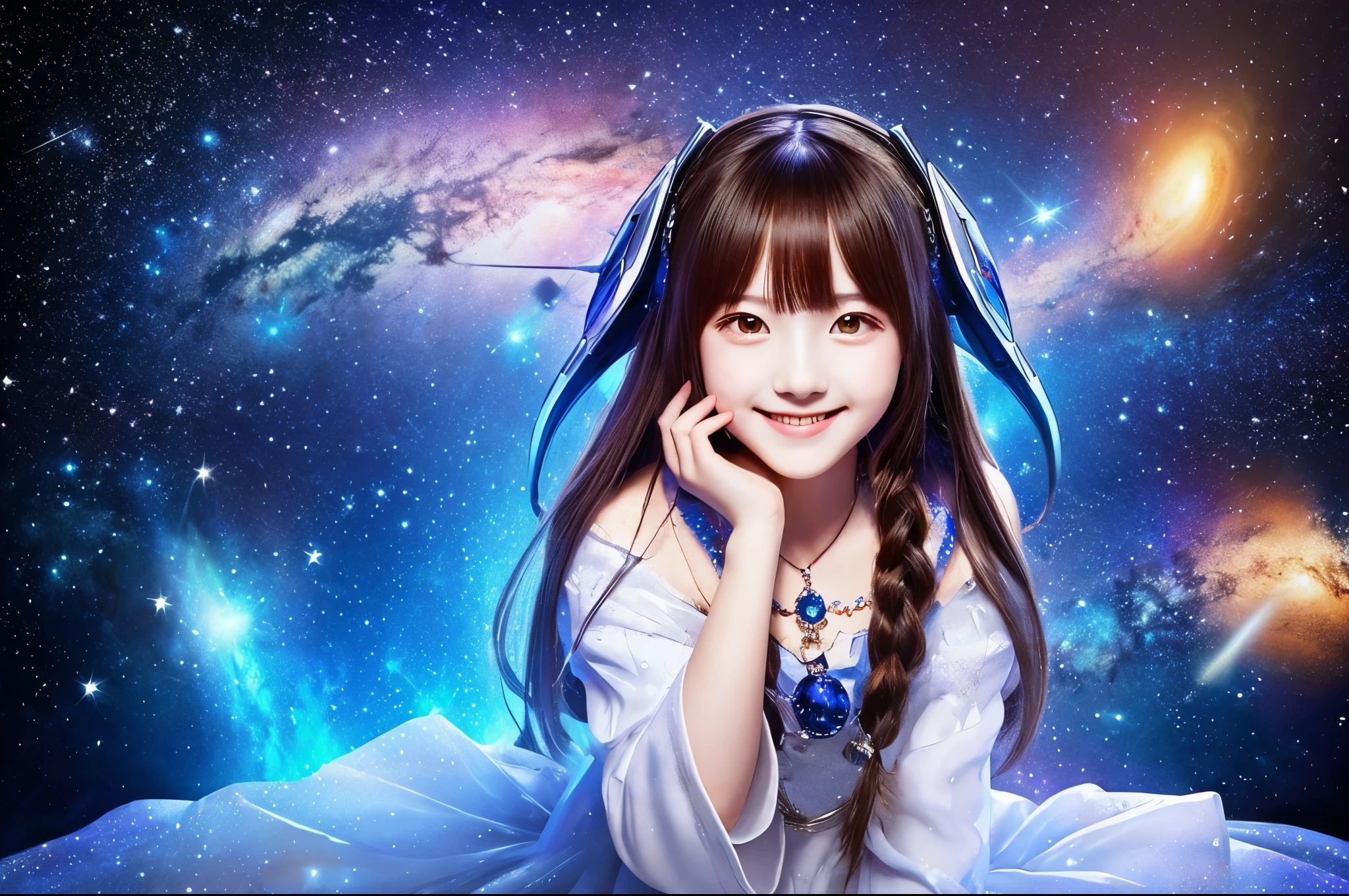 Highest quality　masterpiece　detailed　A super cute girl is sitting with a smile　The background is space　dramatic　Photo style　Fantasy