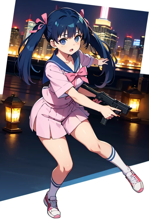 Highest quality、Ultra HD、One Woman、(Blue hair twintails 1.3)、(Pink Sailor Suit 1.3)、(Pink ribbon)、(White sneakers 1.1)、(())、((With a gun in each hand.5))、(Japanese Idol Face 1.2)、(White knee-high socks 1.2)、thin、Small breasts、(Daytime city background 1.2)、((Clear and beautiful touch))、(2 Asian woman)