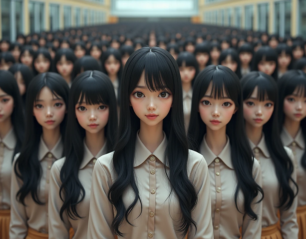 (Japanese Clone-girls=Myself), (Super Best masterpiece Clone-girls Raw Photography Art), (16K, Highest quality, Ultra-high resolution, RAW Photos), (It's so unrealistic., With unparalleled depiction, With an unfathomable sight, An unprecedented and shocking worldview, Clone-girls: In a world of mass reproduction, Ultra-realistic), (Japanese Girls, , Small face, Thick black hair, long hair, Dark Eyes, Mature face, かわいいsmile, Smiling face, A gentle gaze, Very pleasant look), (Very beautiful detailed girls, Accurate body structure, Accurate body movements, Very detailed body, (Super big breasts, Large bulge of ample breasts)), (Schoolgirl uniform, Short sleeve, mini skirt, Emphasise the fullness of your breasts), (Very detailed, Myself cloning, Depiction of splitting oneself, 1Myself girl→1,000,000,000,000,000,000,000,000,000,000Myself cloning girls), (Very detailed and intricate, Myself's body is multiplying, A perfectly matched depiction, (In the same female body,With the same face, With the same hairstyle, In the same clothes, At the same height, 同じSuper big breasts), 1,000,000,000,000,000,000,000,000,000,000 people mass proliferation), (Myself girls only), Academy, gym, stage, academic level, Commemorative photo depiction, Group photo, Tiered stage photography, smile, Front view