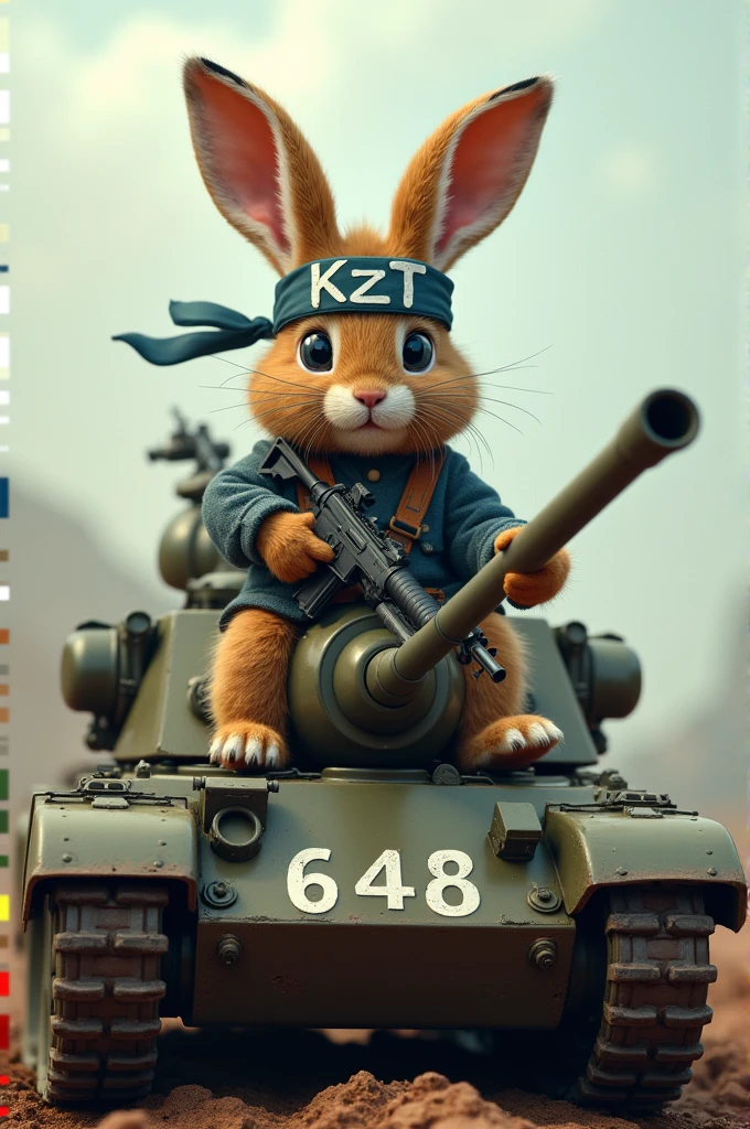 There is a tank and the number 648 is written on the tank and there is a cute rabbit riding on the tank and the cute rabbit is wearing a headband and the headband has the words KZT written on it.