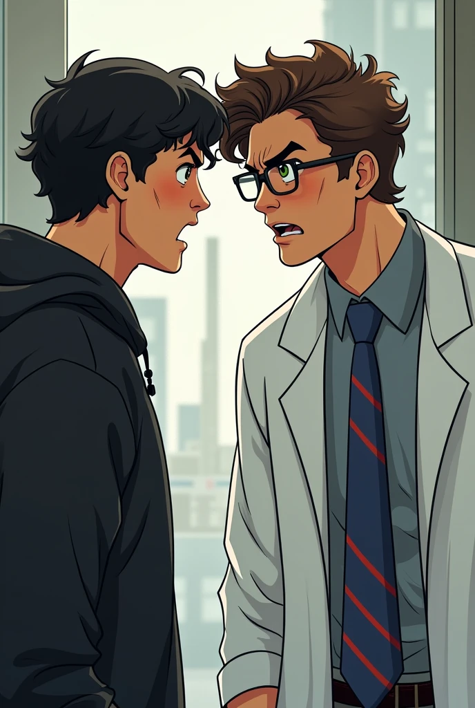 draw two guys 20 years college students on side view looking at each other, in the left the guy is taller has eye glasses and has brown wavy curly hair, he wears lab gown over white long sleeves and blue and red stripes tie, has green eyes looking at the other guy angrily, the other guy beside him wears black clothes has wavy black hair and looks as if he's trying to provoke the other guy. 