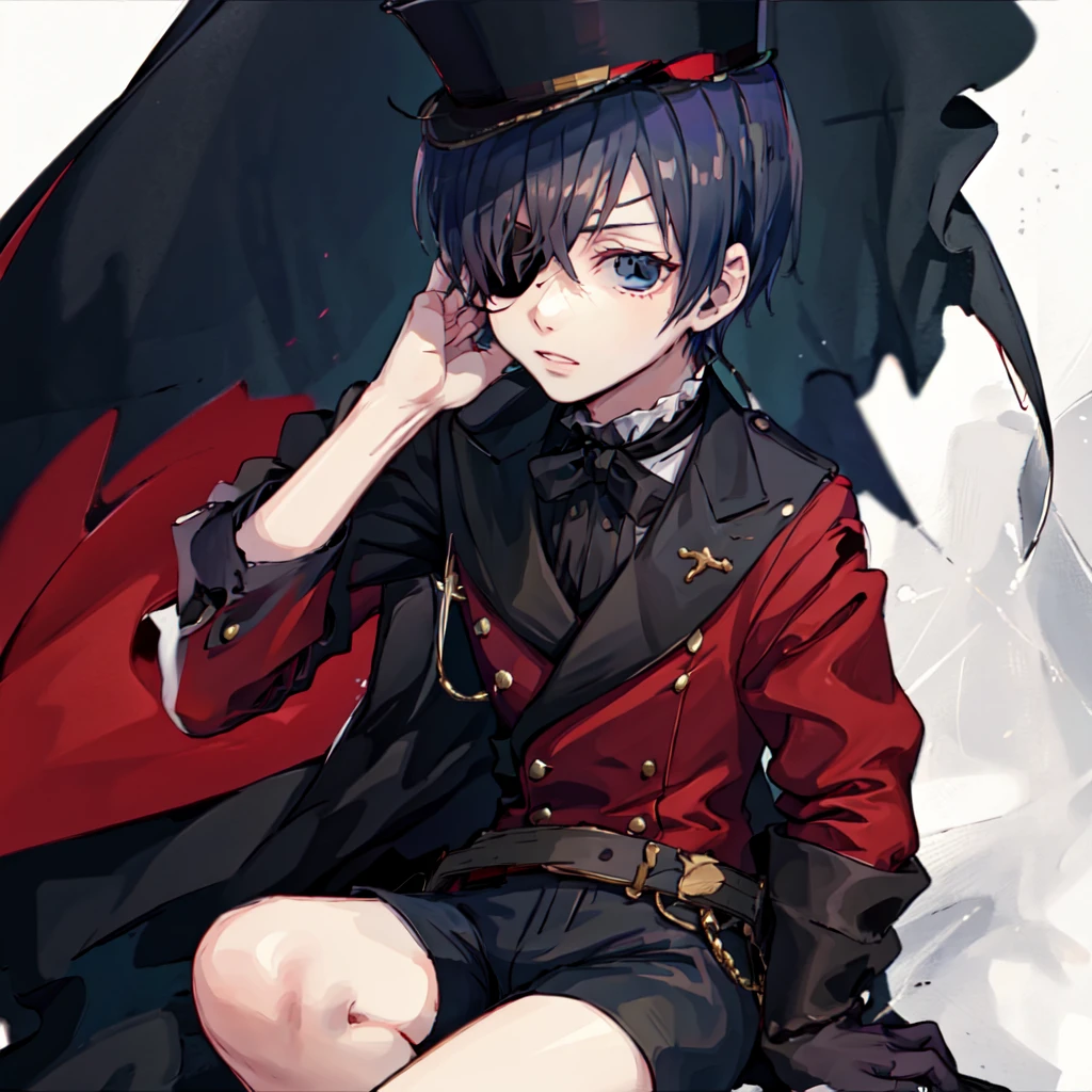 cielv2, 1boy, male focus, solo, eyepatch, shorts, top hat, from above, sitting down
