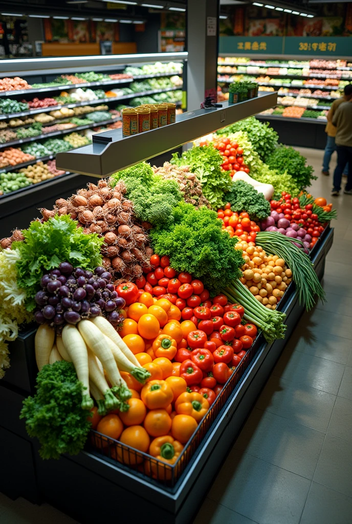 A vegetable display inside a supermarket observed from above by a drone from ten meters high 