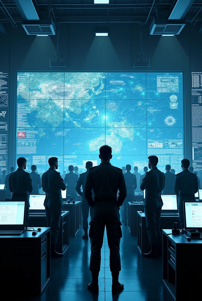 Military, charts, big screen, control room, command room, technology, soldiers,