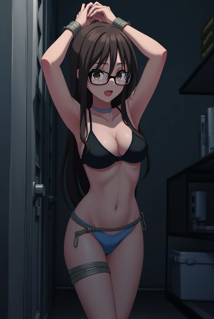 sekijou sawako, shibari, anime picture, bondage, bound, brown eyes, brown hair, long hair, black eye glasses, stripped, best quality, ultra-detailed, high resolution, extremely detailed cg, unity 8k wallpaper, masterpiece, perfect skinny body, anime picture, femsub, BDSM, light blue panty, black bra, small breasts, at night, standing, dark room, teary-eyed, tape mouth gagged, duct tape, Sekijou Sawako, gym storeroom, arms up, tied up tight wrist together to ceiling, standing nearby wall, bracing