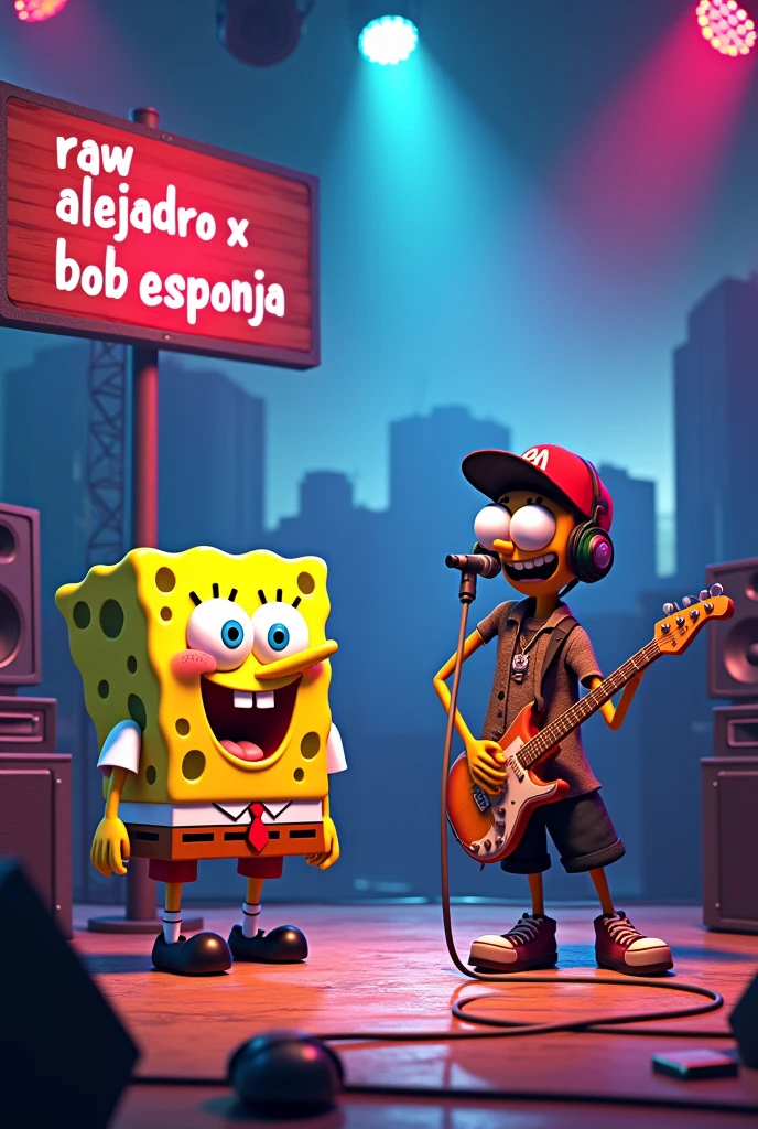 Create SpongeBob in an animated way on a stage with an urban music singer, with a sign that says "RAW ALEJANDRO X BOB ESPONJA"