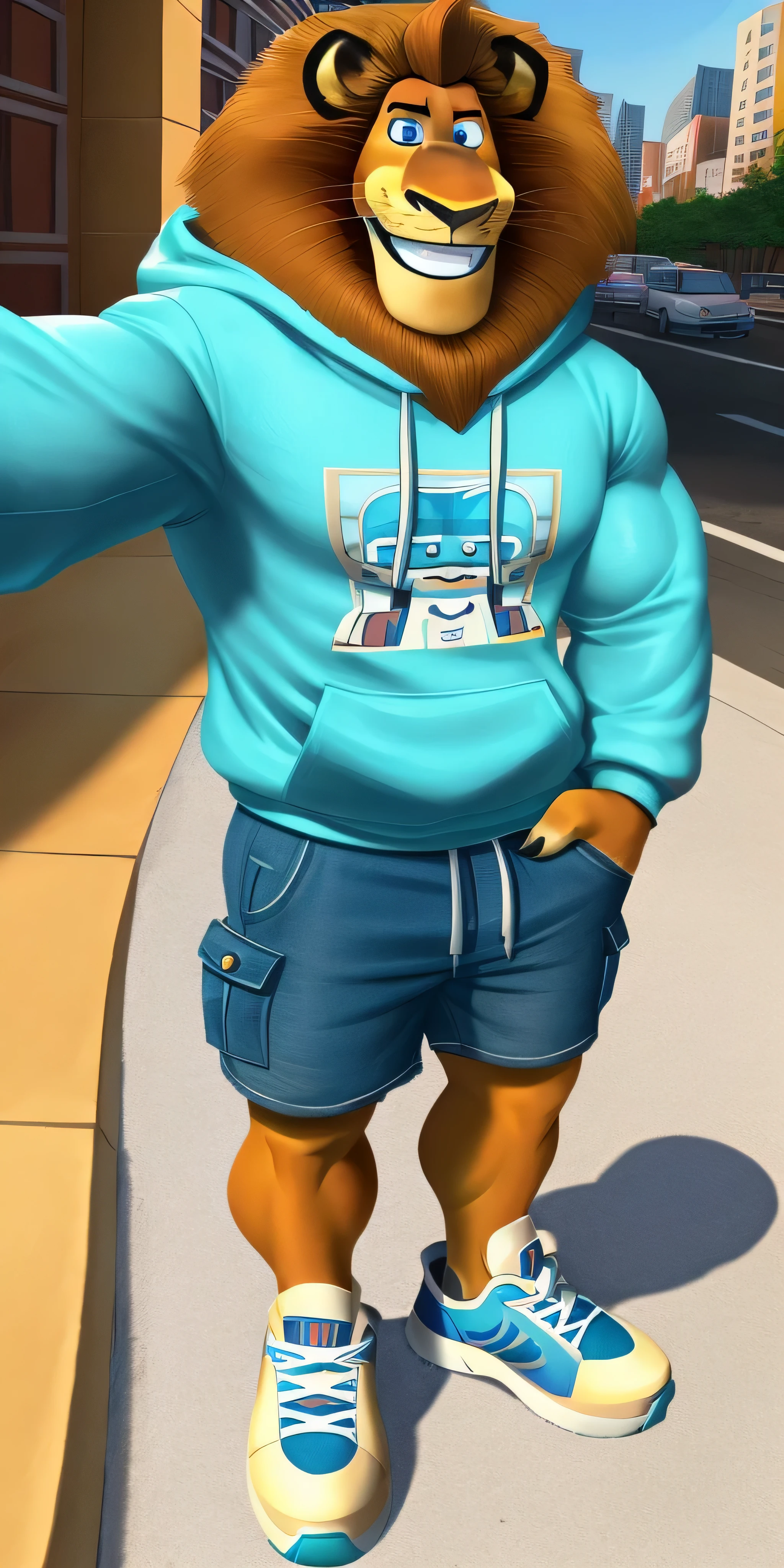 Alex the Lion, muscular body, big biceps, extremely beautiful and cute face, perfectly detailed blue eyes with white sclera, perfectly detailed black pupils, wears cyan sweatshirt, denim cargo shorts, sneakers, streets background, selfie, friendly look, smile
