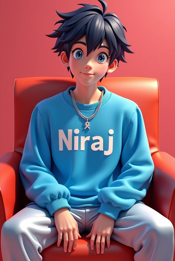 A 3D anime 20 year boy wearin sky colour jersey and  silver colour lower, sitting on red chair, write Niraj on his dress, wearing a silver chain in his neck
