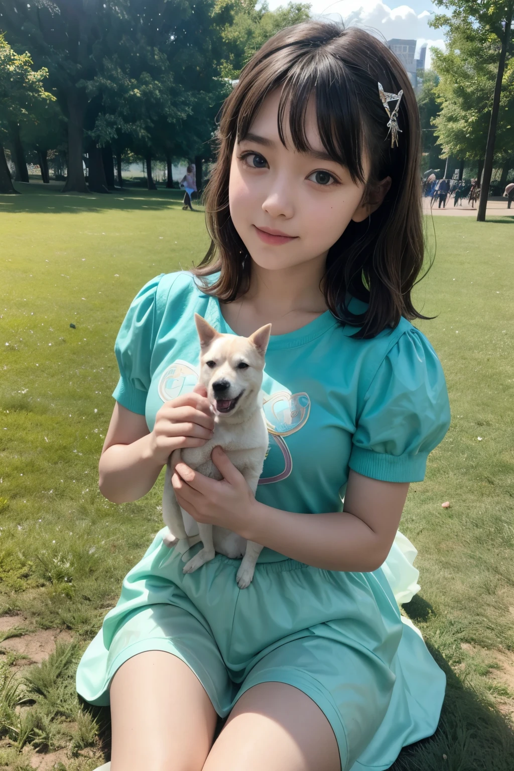 A family playing with a dog in a park, the girl dressed as a Disney princess with autism-colored clothing, the boy in down-to-earth clothing, macro photo, overexposure, high details, high quality