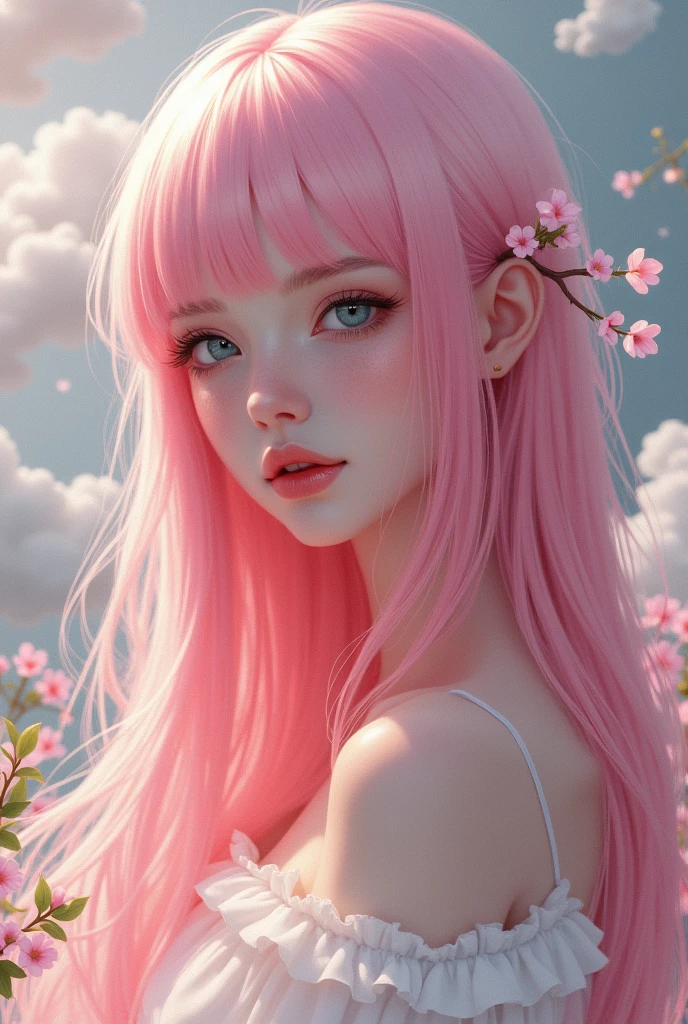 Girl with long pink hair and white bangs
