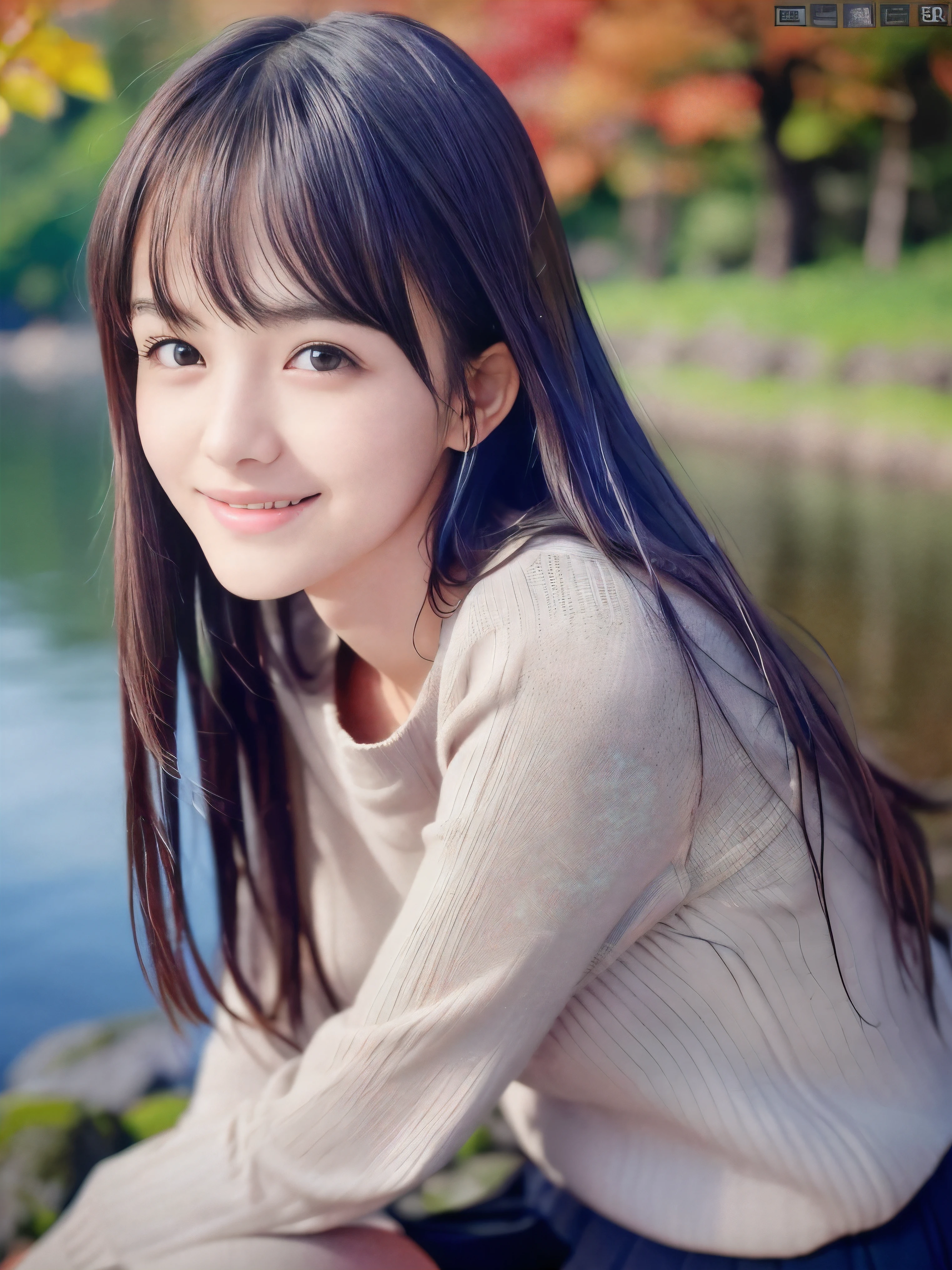 (Close up face shot of one slender small breasts dark silver long hair with swept bangs girl in a long sleeves shirt and sweater and skirt:1.5)、(One girl is leaning forward with happy smile on the dart road near the lake and big waterfall in Japan:1.5)、(Beautiful autumn red leaves and mountain view:1.5)、(Natural light:1.5)、(8k ultra detailed master piece:1.5)、(perfect anatomy:1.5)、(Photorealistic stick:1.5)、(Raw photo:1.3)、(highest quality:1.5)、(High resolution:1.3)、(Delicate and beautiful perfect face:1.3)、(Delicate and beautiful eye air skin:1.3)、(Real Human Skin:1.3)、((thin legs))