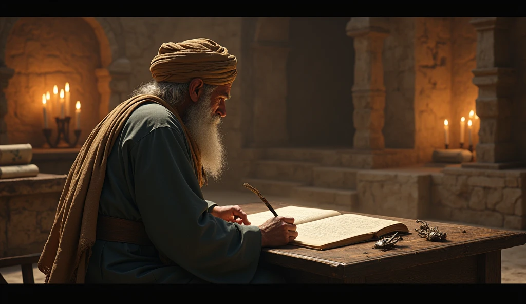 Here’s a prompt for generating the image:
"A detailed scene of an old, religious man wearing a turban from ancient times, seen from a back view. The man is seated at a wooden desk, surrounded by dim, flickering candlelight. He is writing in an old, large book with a quill. The atmosphere is quiet and sacred, with ancient scrolls and manuscripts scattered on the desk. The setting is rustic, with stone walls and wooden beams, evoking a sense of history and reverence."