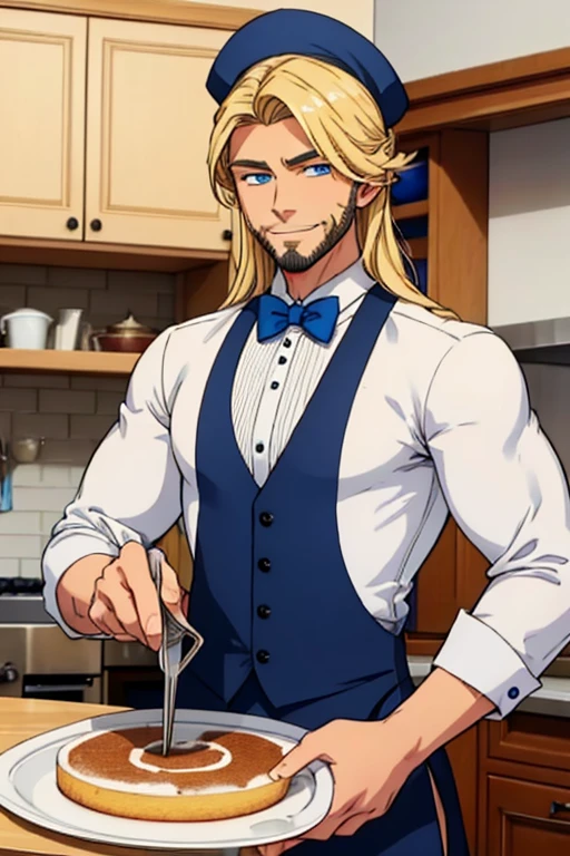 Perfect face. Perfect hands. A muscular blonde haired man with blue eyes and long hair and a dark beard in a butler's uniform is smiling while baking a cake  in a fancy kitchen