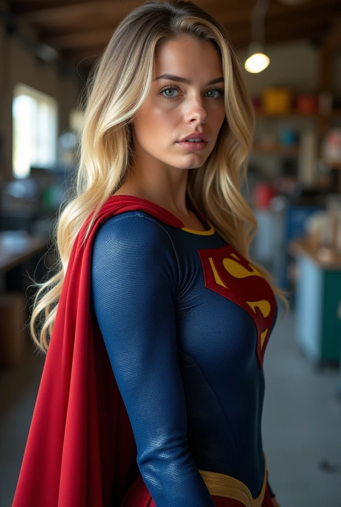 Create a realistic image of a 20 year old woman, long blonde hair, blue eyes, cheekbones, ((full body)),disguised as superman background image: her garage, from head to toe, full body, hyper realistic photo