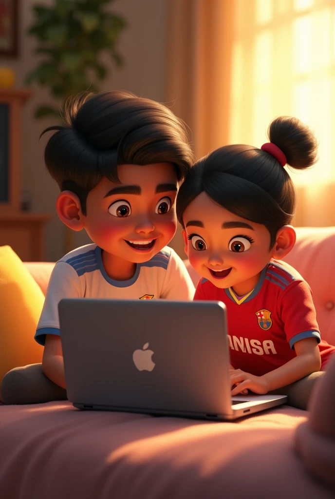 Create animation character 30 year old. Boy and his sister useing laptop. His Jersey name Tanvir and her jersey name Lamisa.