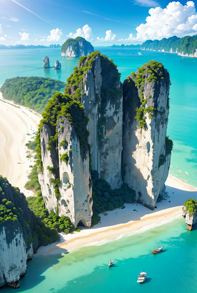 Panoramic view of the Andaman Sea with the striking limestone cliffs of Phang Nga Bay. Traditional longtail boats floating on the turquoise waters, with a backdrop of lush islands and clear blue skies. Thailand. .