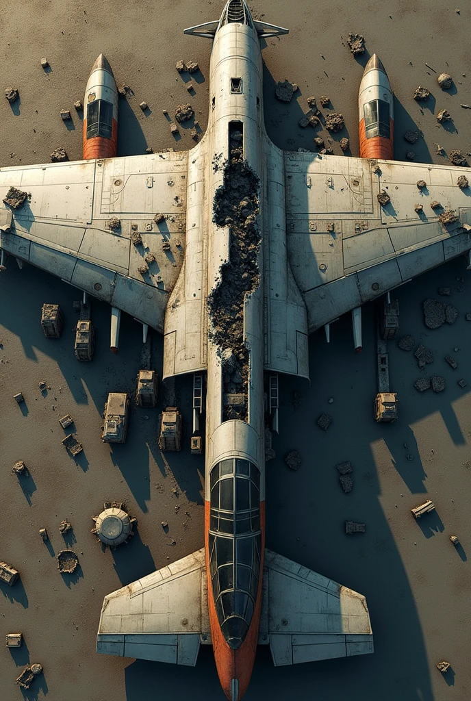 Create a image Half cut plane in 3 point perspective in top view take off the back part and big plane well just like the plane was destroyed just like in game having a war the plane was crashed the plane break into pieces