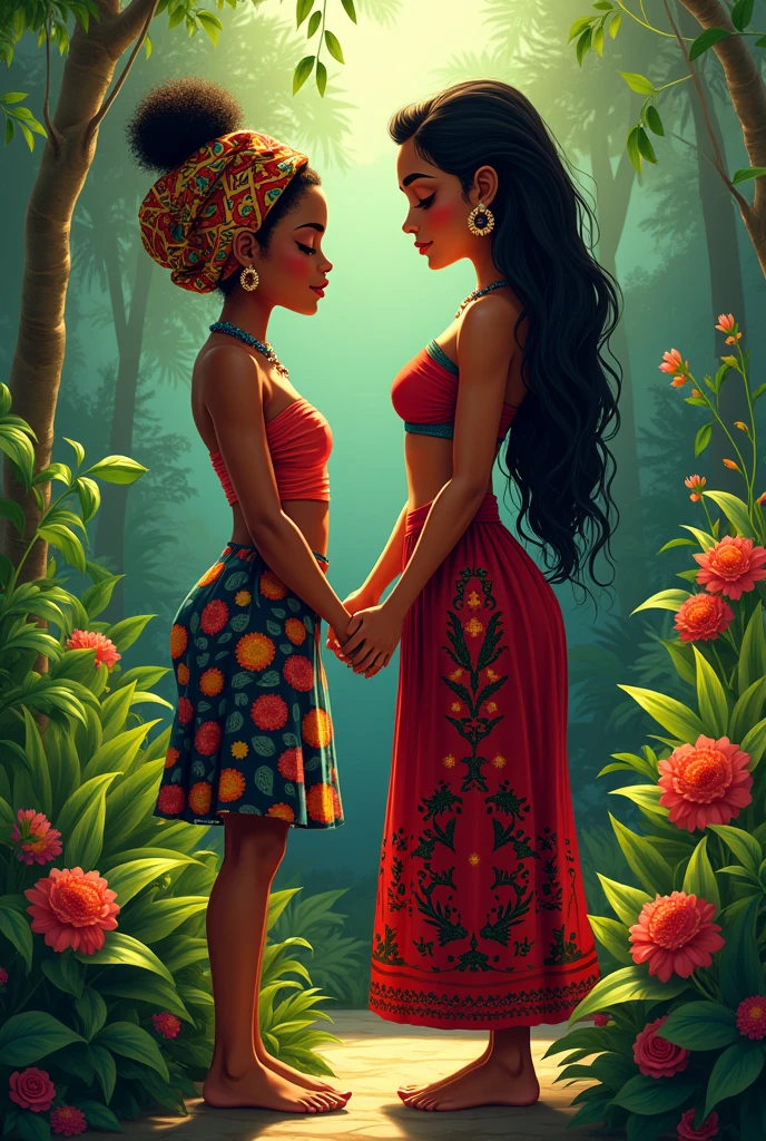 A Brazilian woman in a lush tropical garden, with a colorful turban printed on her hair, short stature and curvy body, holding hands with a 2 mulatto woman, tall stature, statuesque body, wearing a long red and black skirt, barefoot and long black hair 