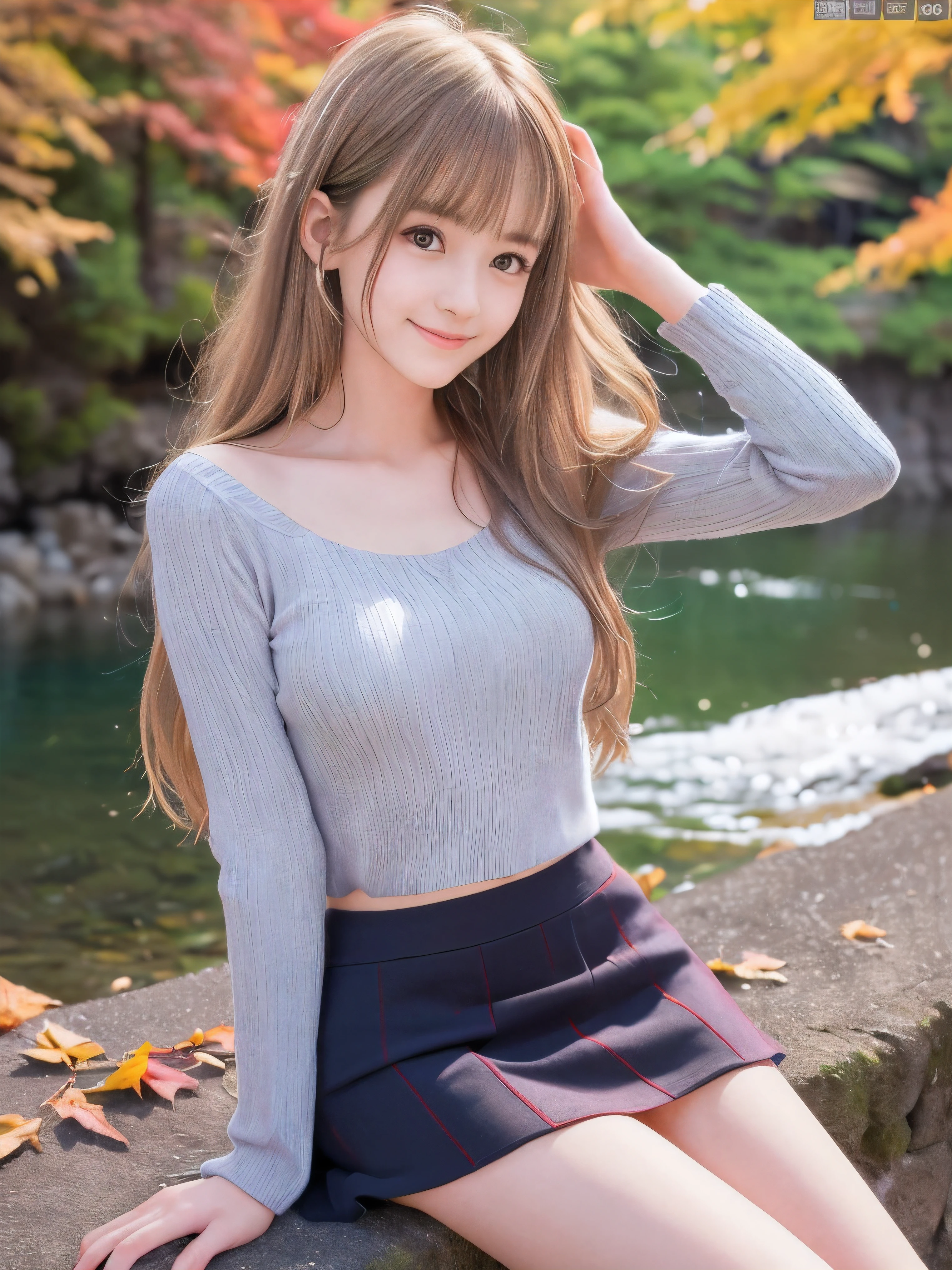 (Close up face shot of one slender small breasts half up blonde long hair with bangs girl in a long sleeves shirt and sweater and skirt:1.5)、(One blonde hair girl is leaning forward with small smile on the dart road near the lake and big waterfall in Japan:1.5)、(Beautiful autumn red leaves and mountain:1.5)、(Natural light:1.5)、(8k ultra detailed master piece:1.5)、(perfect anatomy:1.5)、(Photorealistic stick:1.5)、(Raw photo:1.3)、(highest quality:1.5)、(High resolution:1.3)、(Delicate and beautiful perfect face:1.3)、(Delicate and beautiful eye air skin:1.3)、(Real Human Skin:1.3)、((thin legs))