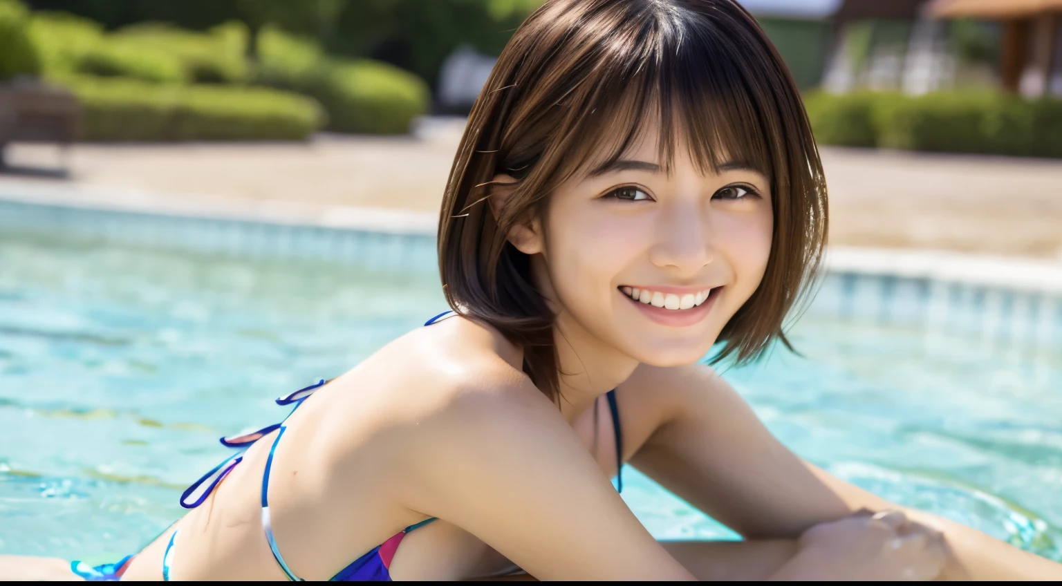 Very beautiful Japanese women,21-year-old woman、Big eyes、Attractive eyes、Floral Bikini,small,Sunny day in the university gardens、Are standing、Looking into the camera:1.5、Smile 1.3、healthy、White skin、light makeup、whole body、White skin:1.6,lack of shadow on the body、