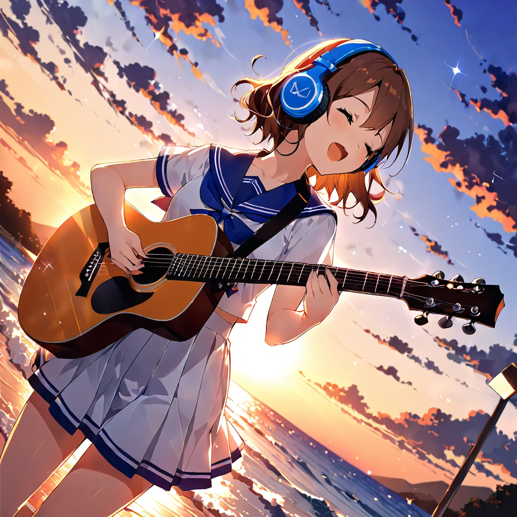 Girl wearing headphones,Brown Hair,1 person,Detailed Background,(sailor uniform:1.2)(play the guitar.sing a song.:1.3)(Summer evening、Beautiful sunset)(beach、Ripple)(dynamic angle:1.4)