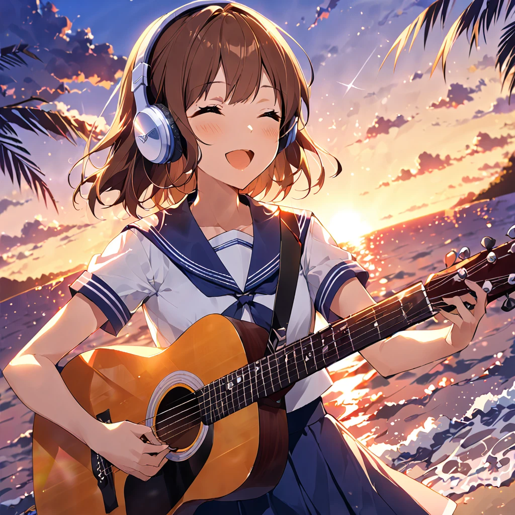 Girl wearing headphones,Brown Hair,1 person,Detailed Background,(sailor uniform:1.2)(play the guitar.sing a song.:1.3)(Summer evening、Beautiful sunset)(beach、Ripple)(dynamic angle:1.4)