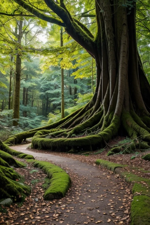 Imagine yourself in an enchanted forest, where huge trees stand majestically, its crowns so high that they seem to touch the sky. The roots of these trees are gigantic and snake through the ground., forming natural paths that invite exploration. Between the roots, there is soft moss and colorful flowers that glow as if they were hand painted. The air is fresh and permeated by the soft singing of birds and the rustling of leaves in the wind.. Looking around, you notice small magical beings lurking between the trees, like fairies and elves, bringing a touch of mystery to the environment.