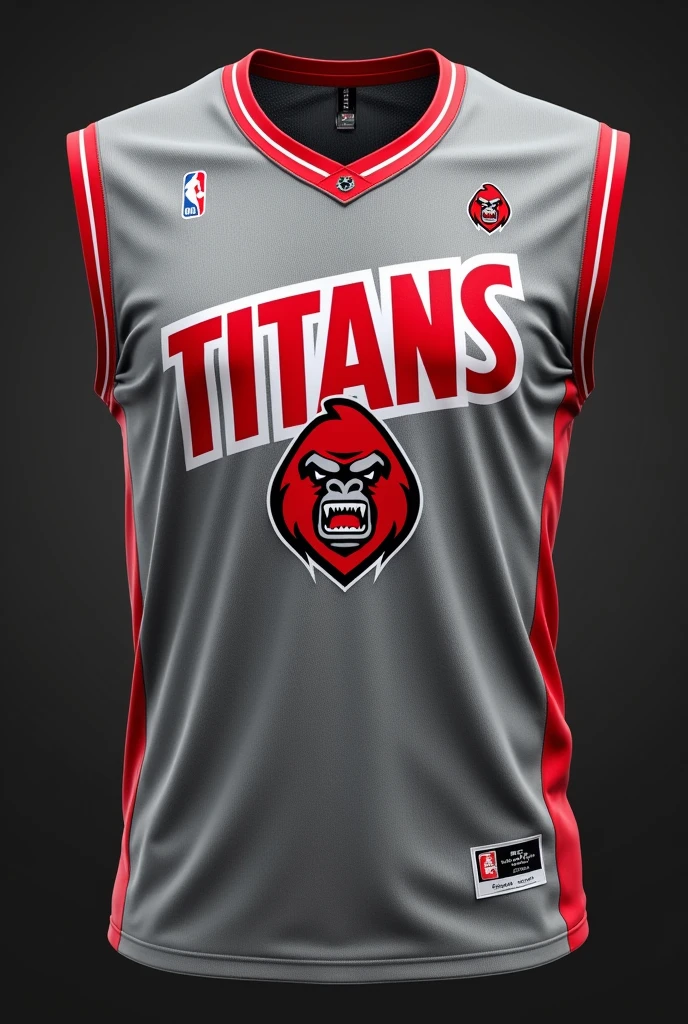 Gray uniform with red writing "titans" with the outline of the writing in white, uniform inspired by the 90s NBA, and with a red gorilla logo on the left chest