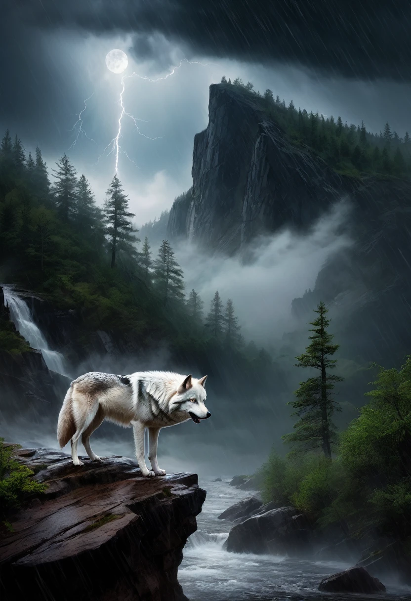 a white wolf, howling in the distance, on a cliff in the forest, stormy night, heavy rain, distant painting, (best quality,4k,8k,highres,masterpiece:1.2),ultra-detailed,(realistic,photorealistic,photo-realistic:1.37),dramatic lighting, moody atmosphere, cinematic composition, dramatic clouds, wind blowing through trees, wet rocks, mist rising, howling wolf, lone wolf, rocky cliffs, nature landscape, dark forest, storm clouds, heavy rainfall