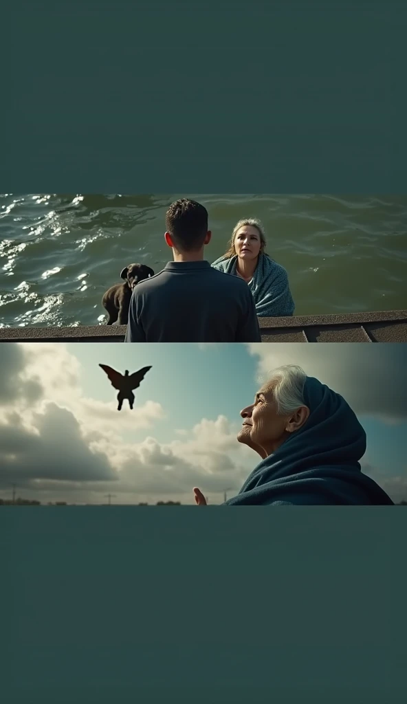 Imagine an image that contains two superimposed scenes, seemingly taken from a movie.
Upper Scene:
It shows three people on top of a roof during a flood.
On the left, a man is sitting and holding a dog in his lap. He is wearing a dark long-sleeved shirt.
On the right, there is an elderly woman wrapped in a blue blanket, who appears emotional and is looking up at the sky with an expression of hope or relief.
The water around them is murky and flowing, indicating a flood or natural disaster.
On the roof, there is a white mark that seems to be a distress message.
Lower Scene:
It focuses on the same elderly woman from the upper scene, viewed from behind as she reaches out toward the sky.
In the sky, partially covered by clouds, there is a flying figure that appears to be a superman with a flowing cape, silhouetted against the sunlight.
The woman’s posture and the direction of her gaze suggest she is seeking help or watching the flying hero.