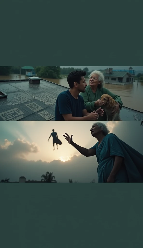 
Imagine an image that contains two superimposed scenes, seemingly taken from a movie.

Upper Scene:

It shows three people on top of a roof during a flood.
On the left, a man is sitting and holding a dog in his lap. He is wearing a dark long-sleeved shirt.
On the right, there is an elderly woman wrapped in a blue blanket, who appears emotional and is looking up at the sky with an expression of hope or relief.
The water around them is murky and flowing, indicating a flood or natural disaster.
On the roof, there is a white mark that seems to be a distress message.
Lower Scene:

It focuses on the same elderly woman from the upper scene, viewed from behind as she reaches out toward the sky.
In the sky, partially covered by clouds, there is a flying figure that appears to be a superman with a flowing cape, silhouetted against the sunlight.
The woman’s posture and the direction of her gaze suggest she is seeking help or watching the flying hero.