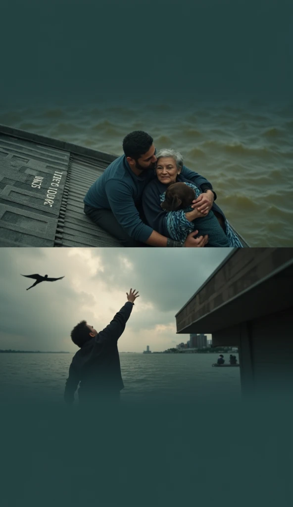 
Imagine an image that contains two superimposed scenes, seemingly taken from a movie.

Upper Scene:

It shows three people on top of a roof during a flood.
On the left, a man is sitting and holding a dog in his lap. He is wearing a dark long-sleeved shirt.
On the right, there is an elderly woman wrapped in a blue blanket, who appears emotional and is looking up at the sky with an expression of hope or relief.
The water around them is murky and flowing, indicating a flood or natural disaster.
On the roof, there is a white mark that seems to be a distress message.
Lower Scene:

It focuses on the same elderly woman from the upper scene, viewed from behind as she reaches out toward the sky.
In the sky, partially covered by clouds, there is a flying figure that appears to be a superman with a flowing cape, silhouetted against the sunlight.
The woman’s posture and the direction of her gaze suggest she is seeking help or watching the flying hero.