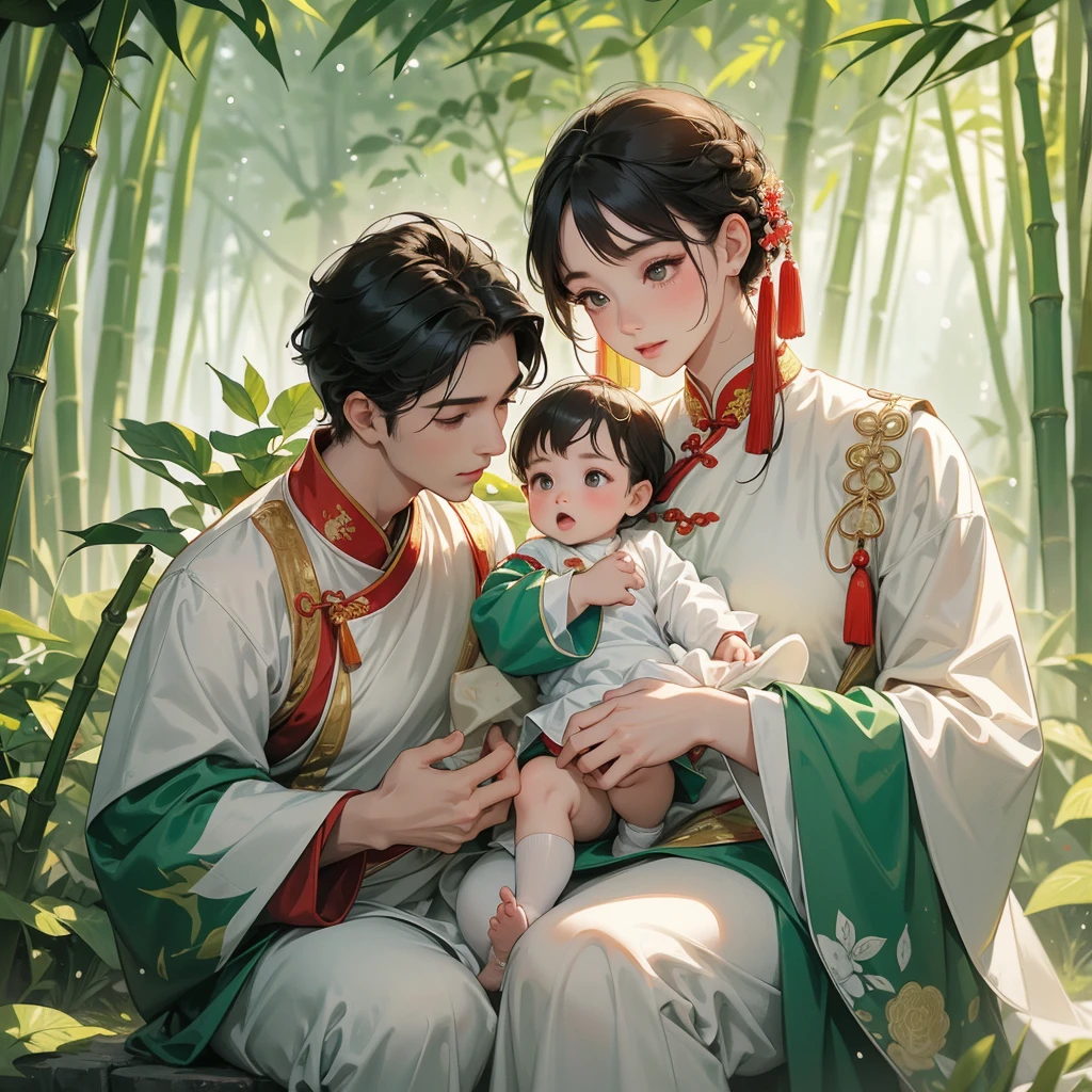 A one-year-old baby boy in an ancient Chinese baby costume with his beautiful mother, dressed in an white ancient Chinese costume, playing with each other, with his handsome father standing next to his mother, close up.
The back is a lush green bamboo forest. The air after rain has water droplets splashing around.