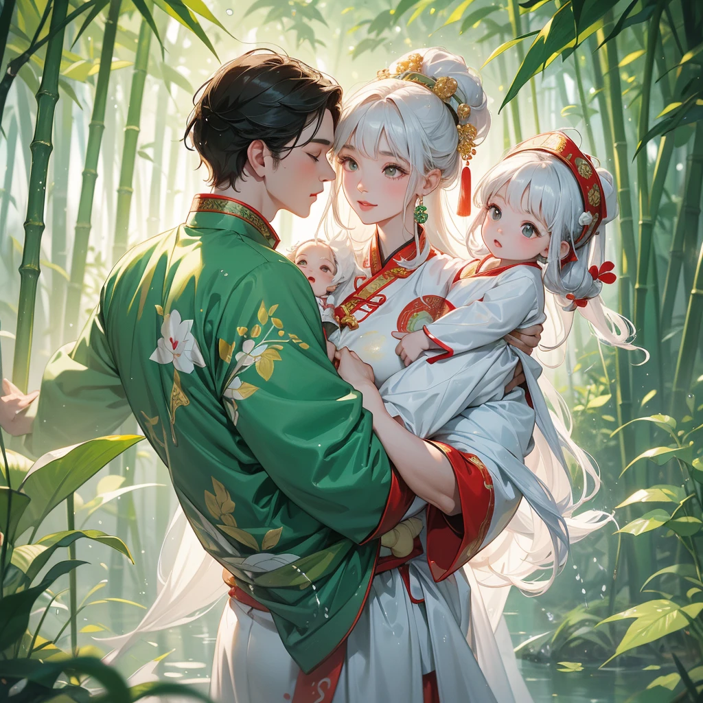 A one-year-old baby boy in an white ancient Chinese baby costume with his beautiful mother, dressed in an ancient Chinese costume, playing with each other, with his handsome father standing next to his mother, close up.
Behind is a lush green bamboo forest. The air after rain has water droplets splashing around.