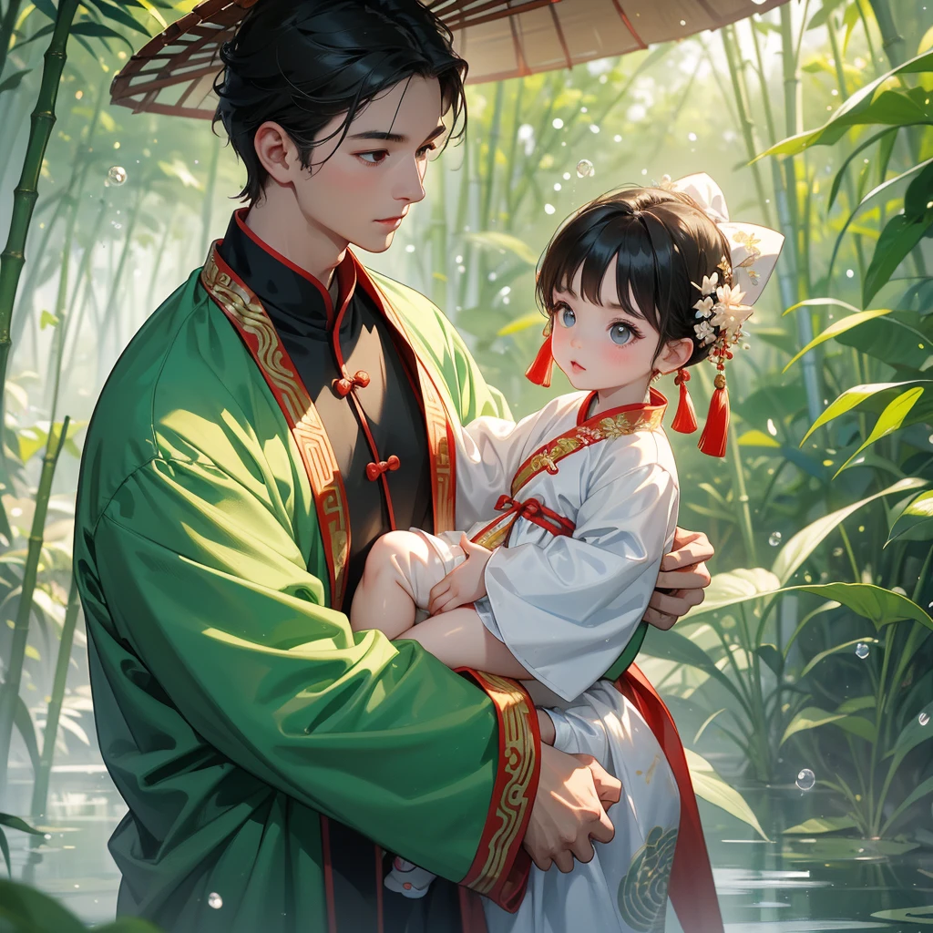 A one-year-old baby boy in an ancient Chinese baby costume with his beautiful mother, dressed in an white ancient Chinese costume, playing with each other, with his handsome father standing next to his mother, close up.
The back is a lush green bamboo forest. The air after rain has water droplets splashing around.