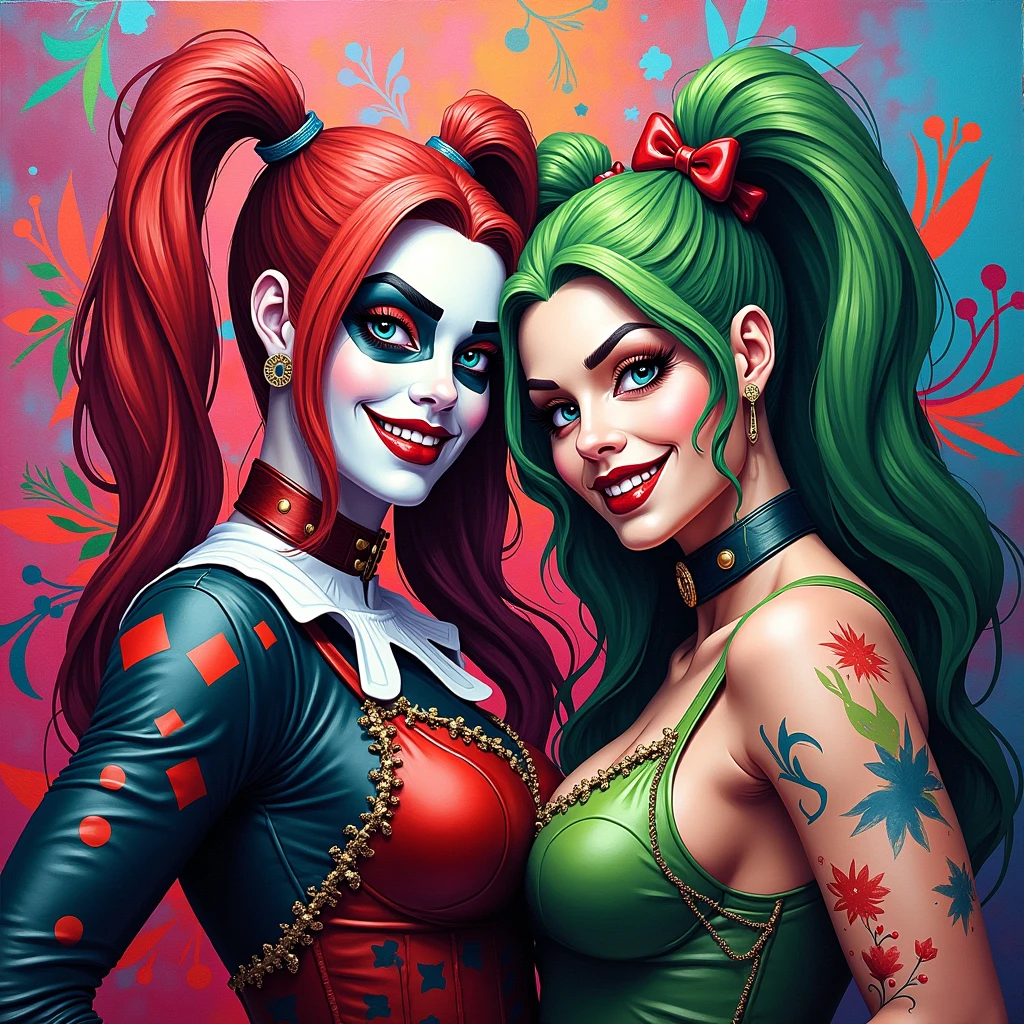 harley quinn and poison ivy painting. with bright colors, a pop art painting by Kubisi art, behance contest winner, arte figurativa, fauvism, pop art, Brightly colored oil painting using a pallet knife