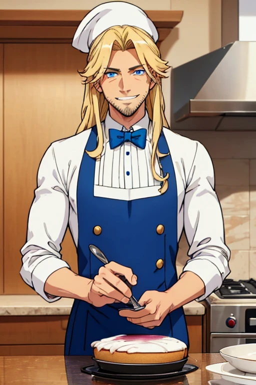 Perfect face. Perfect hands. A muscular blonde haired man with blue eyes and long hair and a dark beard in a butler's uniform is smiling while baking a cake  in a fancy kitchen