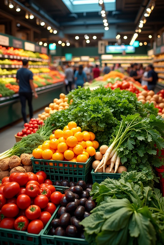 A vegetable display inside a supermarket observed from above by a drone from 20 meters high