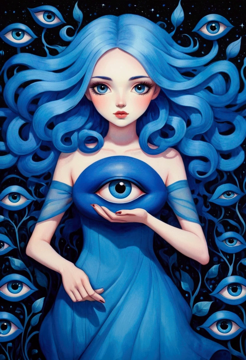 A painting of a woman with blue hair wearing a blue dress, Jeremiah Ketner (Jeremiah Ketner) Surrealism, Winner of the Behance competition, Psychedelic Art, Mysterious eyes, Fantasy Art style, Third Eye Vision, mystical The Third Eye, Complex eyes, The Third Eye, Magical eyes, Psychedelic Goddess, Beautiful art UHD 4K, Fantasy Art, Psychedelic surrealist art