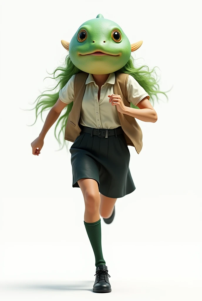 ((Highest quality)), ((photorealistic, hyperrealistic photo, portrait)), (front), (smile), (The upper half of the pufferfish is green.), (Short sleeves), ((No hair)), (The Kusafugu has 80% of the facial features of a human female.), A pufferfish with a very realistic head, A woman with a human body, オフホワイトで襟付きのShort sleevesシャツに薄茶色のベストを着てひざ丈の黒いスカートに濃い緑色の短い靴下と黒の靴を履いてる, Running at full speed, Background is white, Photorealistic images,