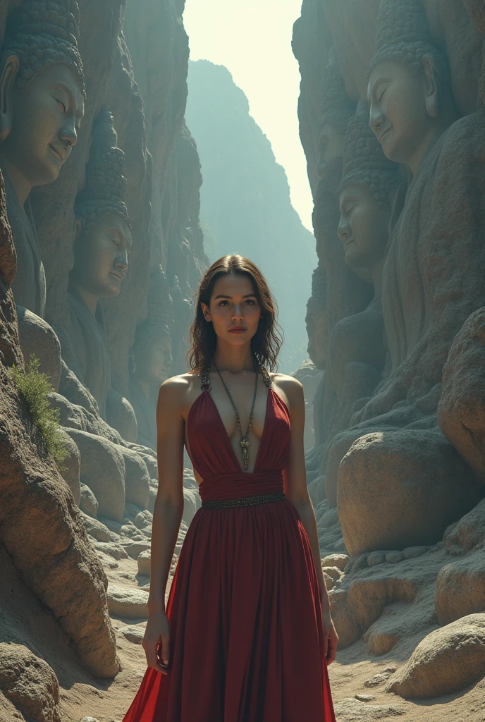 ((masterpiece, highest quality, Highest image quality, High resolution, photorealistic, Raw photo, 8K)), ((Extremely detailed CG unified 8k wallpaper)), (huge stunning goddess shot, very hot and sexy, jaw-dropping beauty, perfect proportions, beautiful body, slim body beauty:1.4), Huge stone Buddha statues carved out of rocky mountains, stone Buddha statues, beautiful faces, view from below,