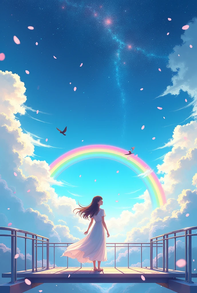Starry Sky,petal,rainbow,cloud,In the sky,Birds,female,White dress,Skywalk,Colorful,Anime Style,Makoto Shinkai style