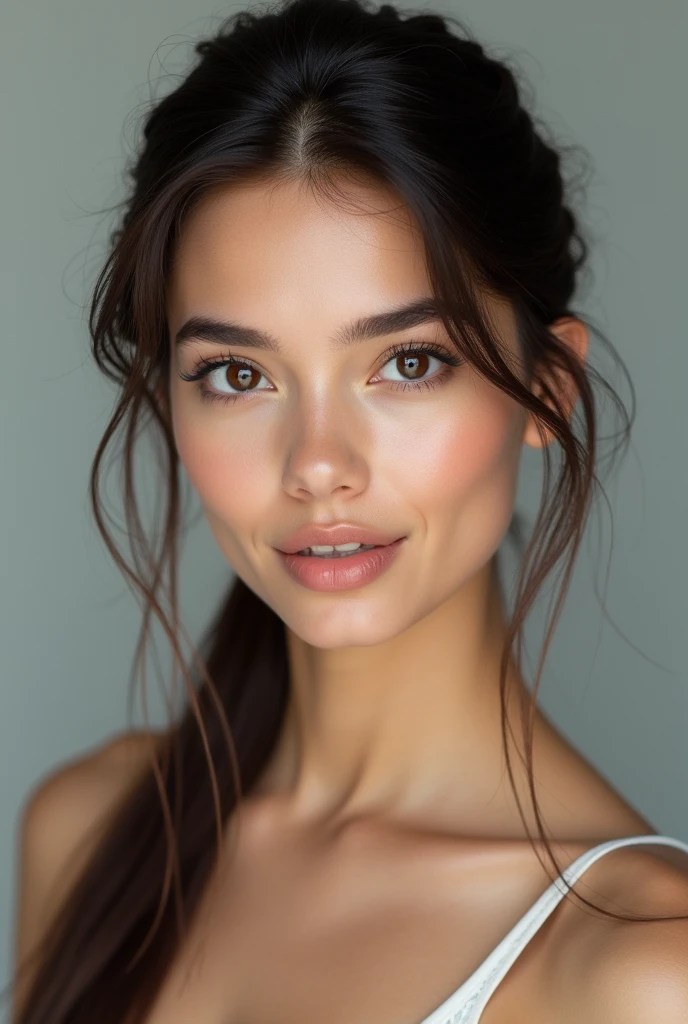 Ultra realistic photo portrait of a Brunette with straight haire, italian, latina , no makeup, meticulous, gorgeous, large lips, Dark brown eyes, tied hair black | detailed, highly detailed, 8k resolution, high resolution, full hd resolution image grain, award winning photography age 26 years