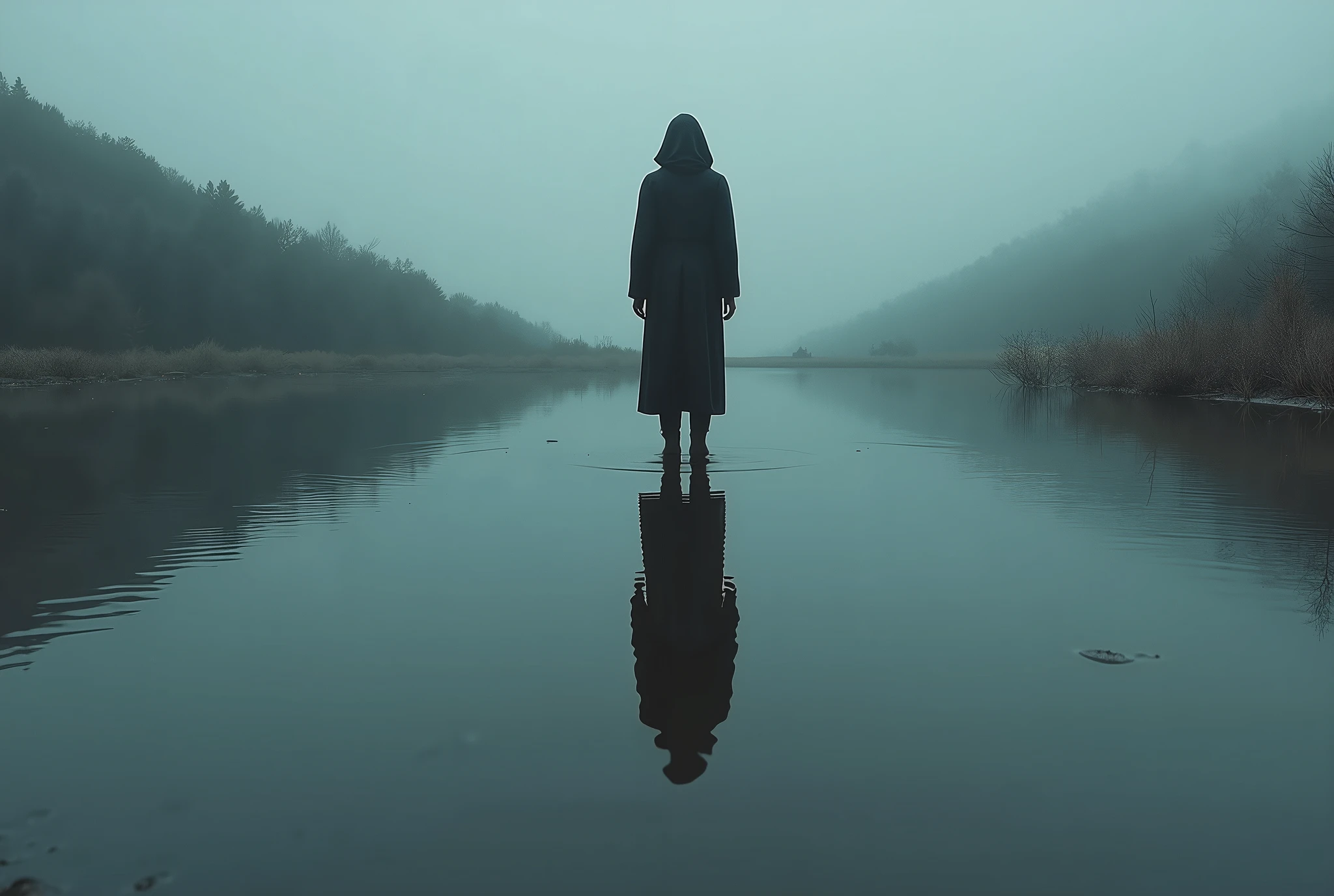(photorealistic scene:1.2), a mirror in a lake reflecting pain